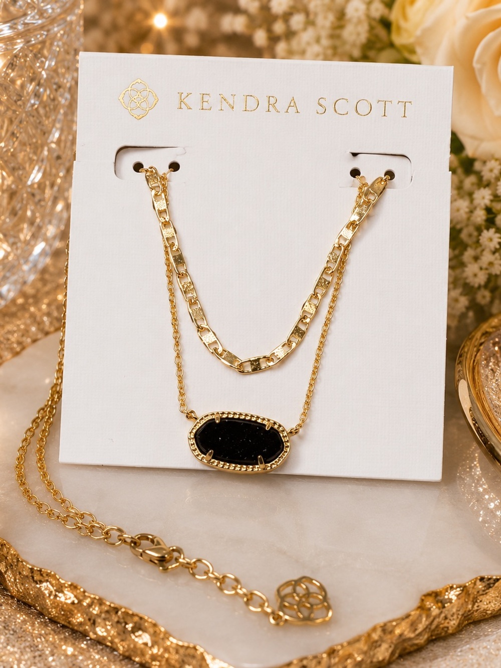 Kendra Scott Elisa Layered Necklace Set Black Pendant Gold Tone NWT